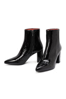 Derimod Gritti Women's Black Zippered Thick Heeled Patent Leather Boots | Derimod Derimod Gritti Women's Black Zippered Thick Heeled Patent Leather Boots | Derimod
