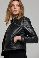 Sonia Women's Black Short Leather Jacket | Derimod Sonia Women's Black Short Leather Jacket | Derimod
