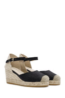 Kadın Siyah Bilekten Bantlı Dolgu Topuklu Deri Espadril | Derimod Kadın Siyah Bilekten Bantlı Dolgu Topuklu Deri Espadril | Derimod