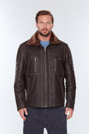 Angelo(Plus) Men's Brown Leather Jacket with Fur Collar | Derimod Angelo(Plus) Men's Brown Leather Jacket with Fur Collar | Derimod