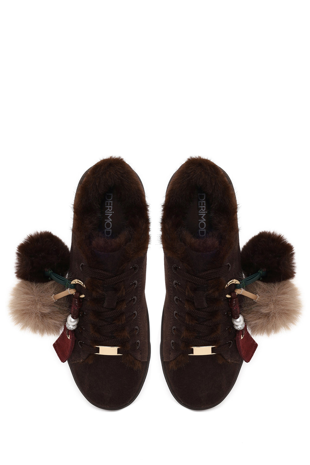 Kadın Kahverengi Bağcıklı Charmlı Süet Deri Teddy Sneaker