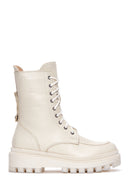 Women's Beige Zippered Leather Combat Boots | Derimod Women's Beige Zippered Leather Combat Boots | Derimod