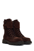 Woman Brown Lace-Up Zip Closure Suede Combat Boots | Derimod Woman Brown Lace-Up Zip Closure Suede Combat Boots | Derimod