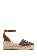 Women's Tan Ankle Buckle Wedge Heeled Straw Leather Espadrille Sandals | Derimod Women's Tan Ankle Buckle Wedge Heeled Straw Leather Espadrille Sandals | Derimod