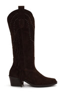 Woman Brown Tassel Chunky-Heeled Suede Leather Cowboy Boots | Derimod Woman Brown Tassel Chunky-Heeled Suede Leather Cowboy Boots | Derimod