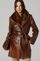 New Alexandra Camel Kadın Kürklü Deri Kaban | Derimod New Alexandra Camel Kadın Kürklü Deri Kaban | Derimod