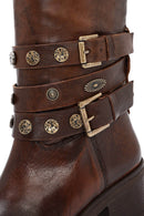 Kadın Kahverengi Kalın Topuklu Biker Deri Çizme | Derimod Kadın Kahverengi Kalın Topuklu Biker Deri Çizme | Derimod