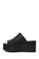 Women's Black Wedge Heeled Leather Slippers | Derimod Women's Black Wedge Heeled Leather Slippers | Derimod