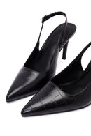 Woman Black Crocodile-Embossed Open-Back Stiletto High Heel | Derimod Woman Black Crocodile-Embossed Open-Back Stiletto High Heel | Derimod