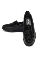 Woman Black Stone-Detail Wedge Heel Leather Comfort Shoes | Derimod Woman Black Stone-Detail Wedge Heel Leather Comfort Shoes | Derimod