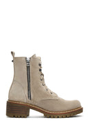 Women's Beige Suede Leather Heeled Boots | Derimod Women's Beige Suede Leather Heeled Boots | Derimod