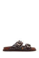Women's Brown Studded Leather Slippers | Derimod Women's Brown Studded Leather Slippers | Derimod