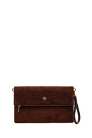 Woman Brown Printed Suede Clutch Bag with Long Chain Strap | Derimod
