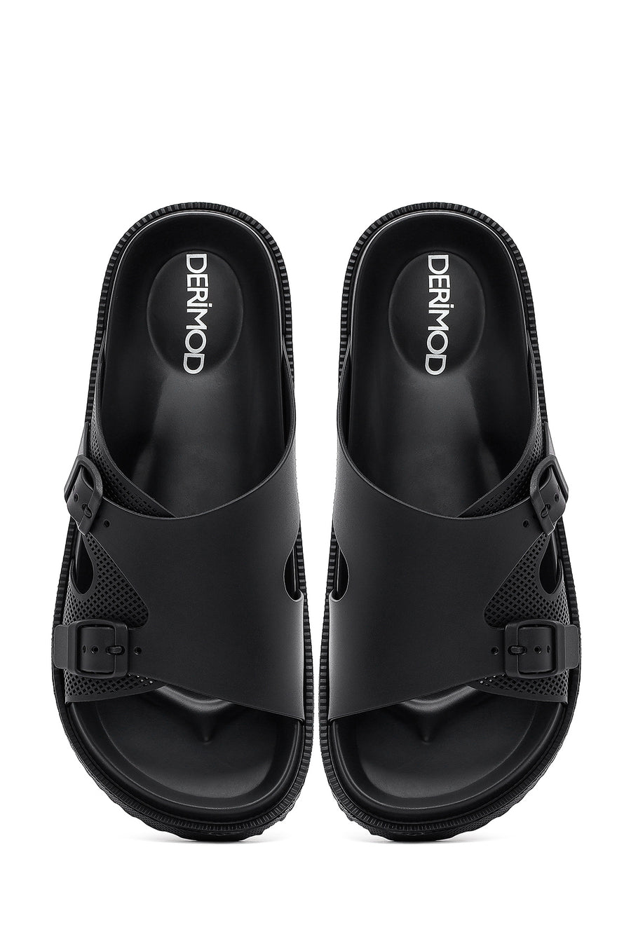 Men's Black Buckled Slippers