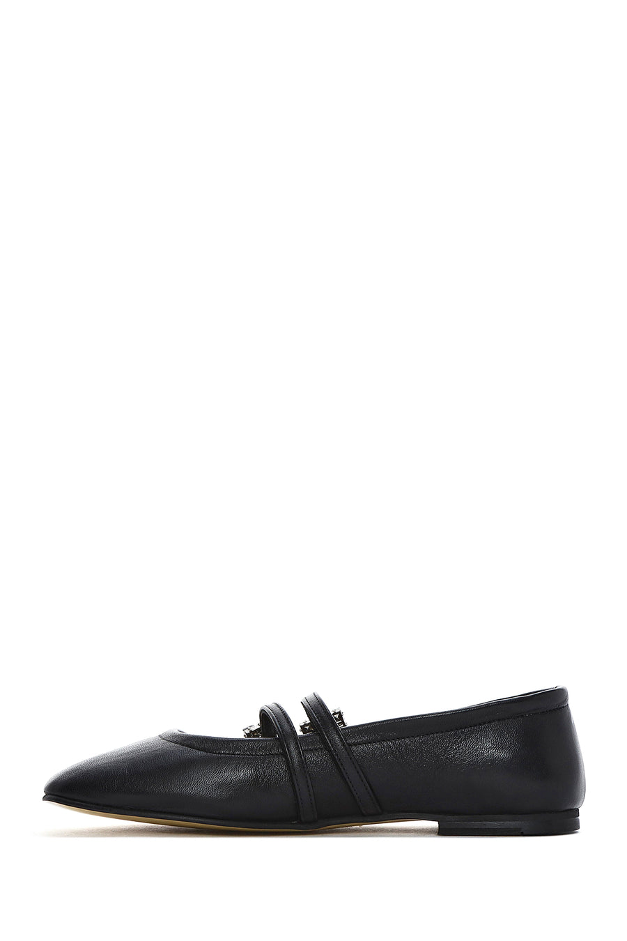 Women's Black Double Buckled Stoned Leather Ballerinas