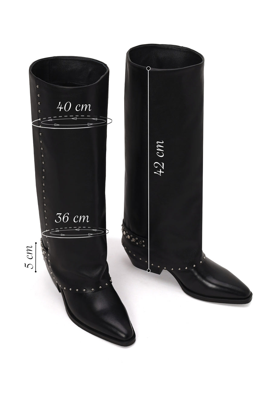 Woman Black Studded Chunky-Heeled Leather Cowboy Boots