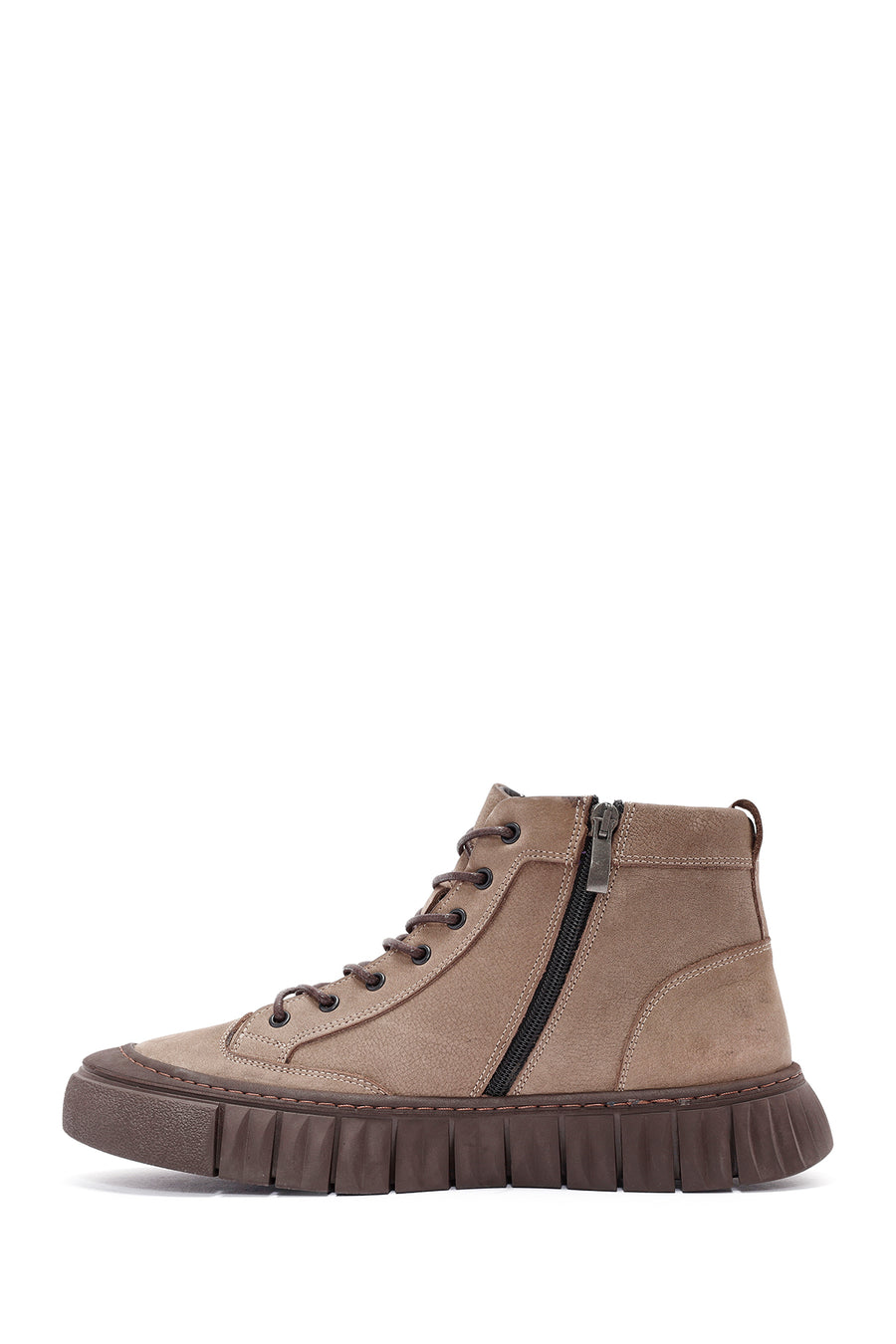 Men's Beige Zippered Lace-Up Nubuck Ankle Leather Boots
