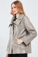 Felicita Women's Gray Wide Collar Oversize Leather Coat | Derimod