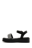 Women's Black Thick Soled Stone Flat Sandals | Derimod