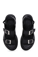 Women's Black Ankle Strap Double Buckle Leather Sandals | Derimod