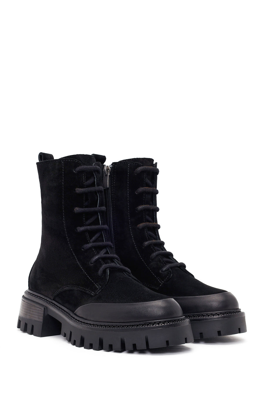 Woman Black Zip Closure Chunky-Heeled Suede Combat Boots