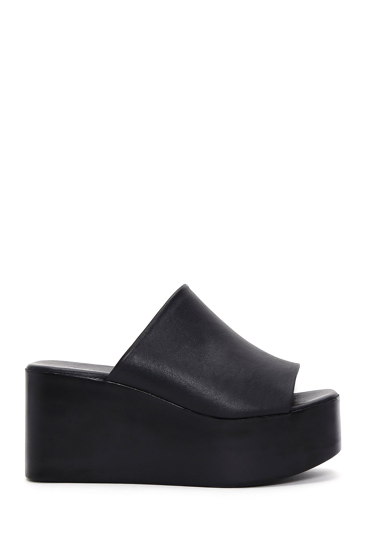 Women's Black Leather Wedge Heel Slippers 23SFD151418 | Derimod