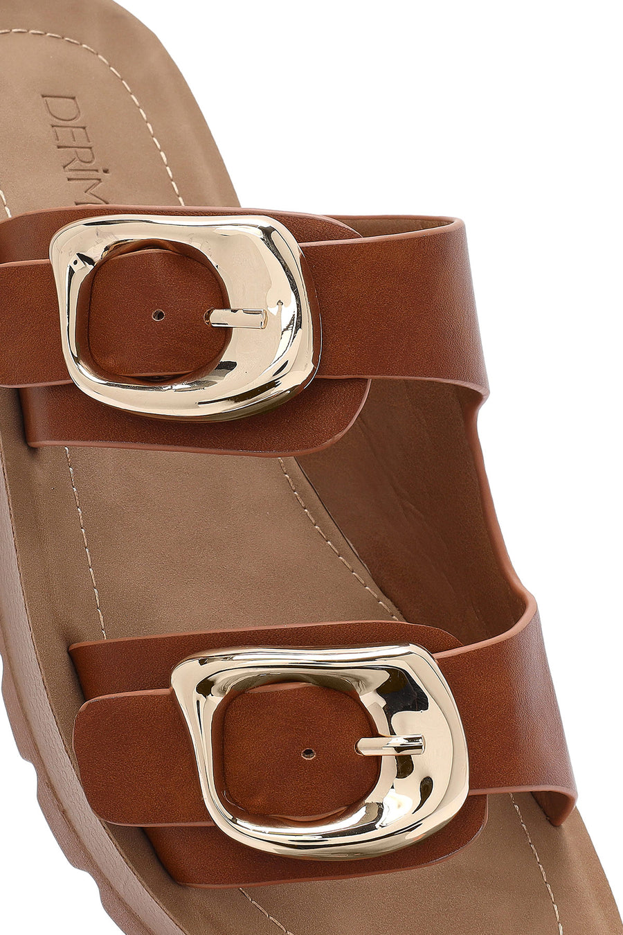 Women's Brown Double Buckled Thick Soled Slippers