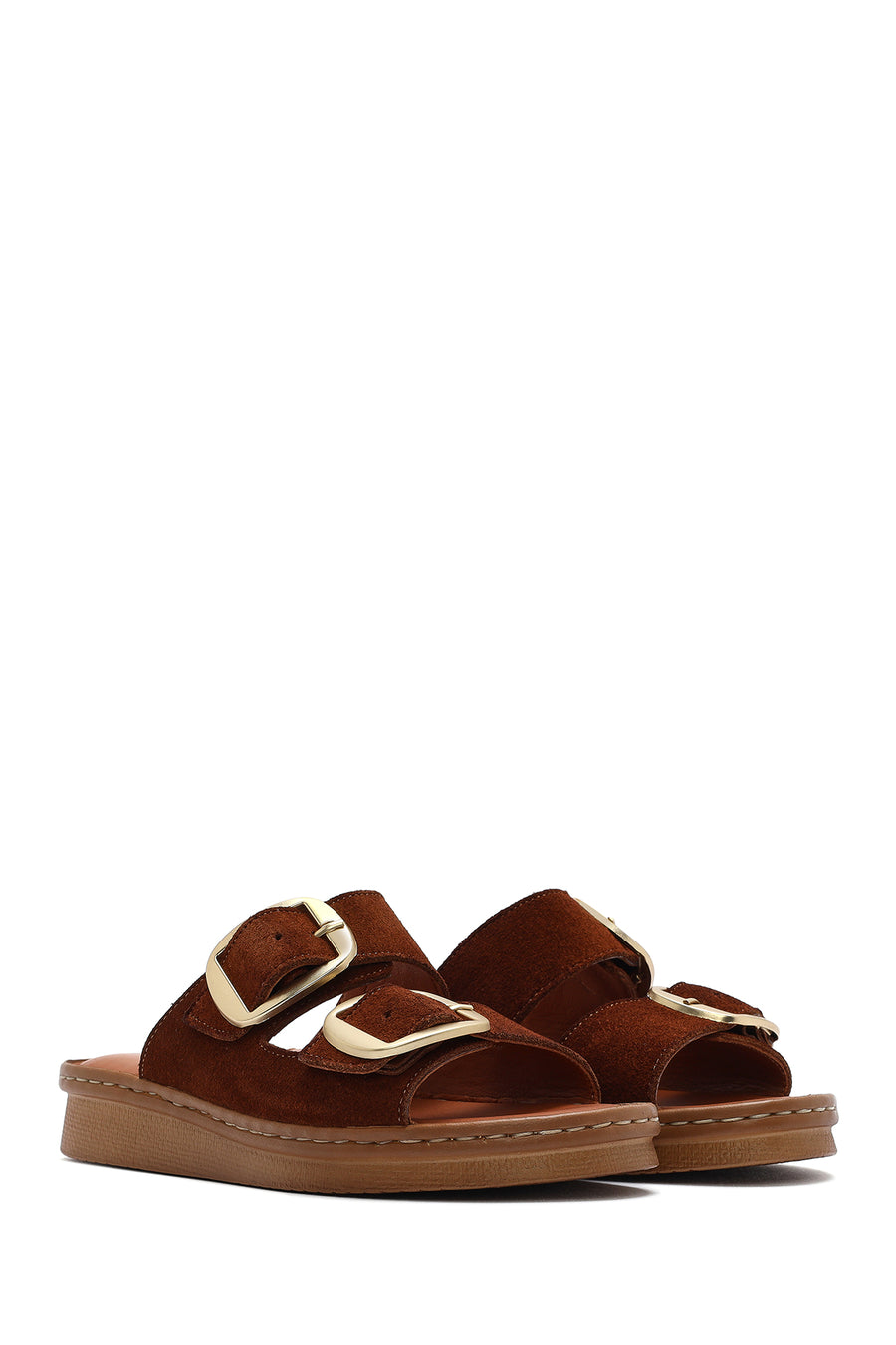 Woman Tan Buckled Suede Leather Comfort Slippers
