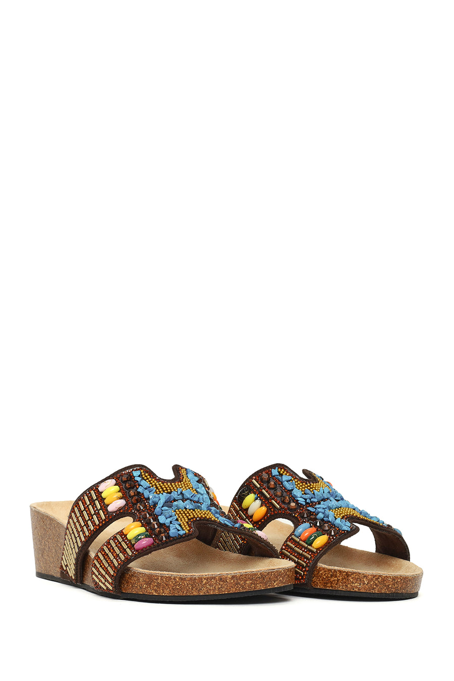 Woman Brown Embellished Wedge-heel Slippers