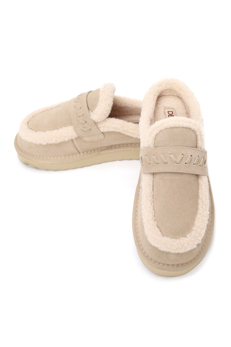 Woman Beige Thick-Soled Fur-Lined Suede Teddy Slipper