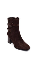 Woman Brown Zip Closure Chunky Heeled Suede Boots | Derimod