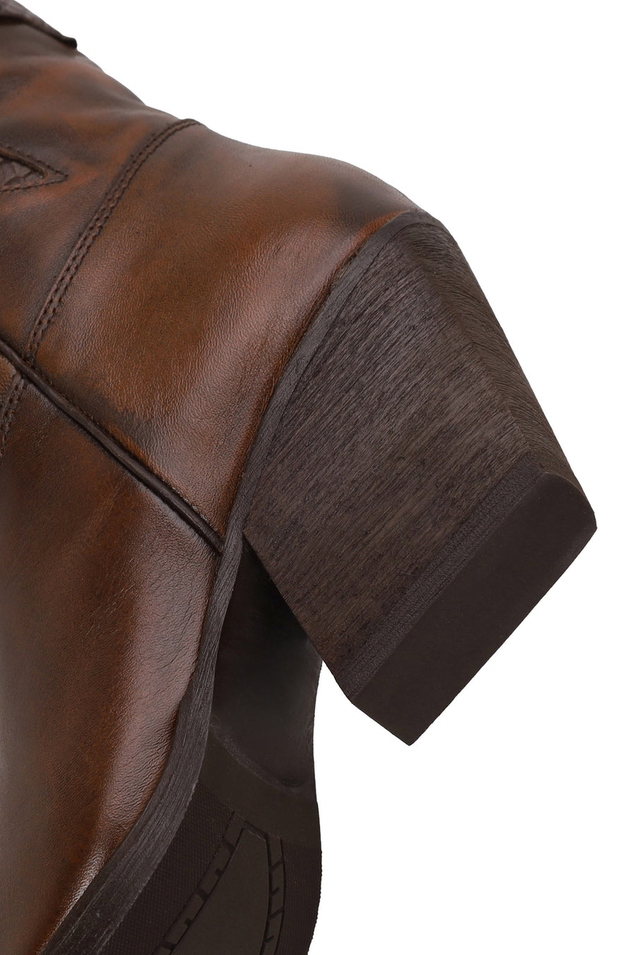 Woman Brown Short Chunky-Heeled Leather Cowboy Boots