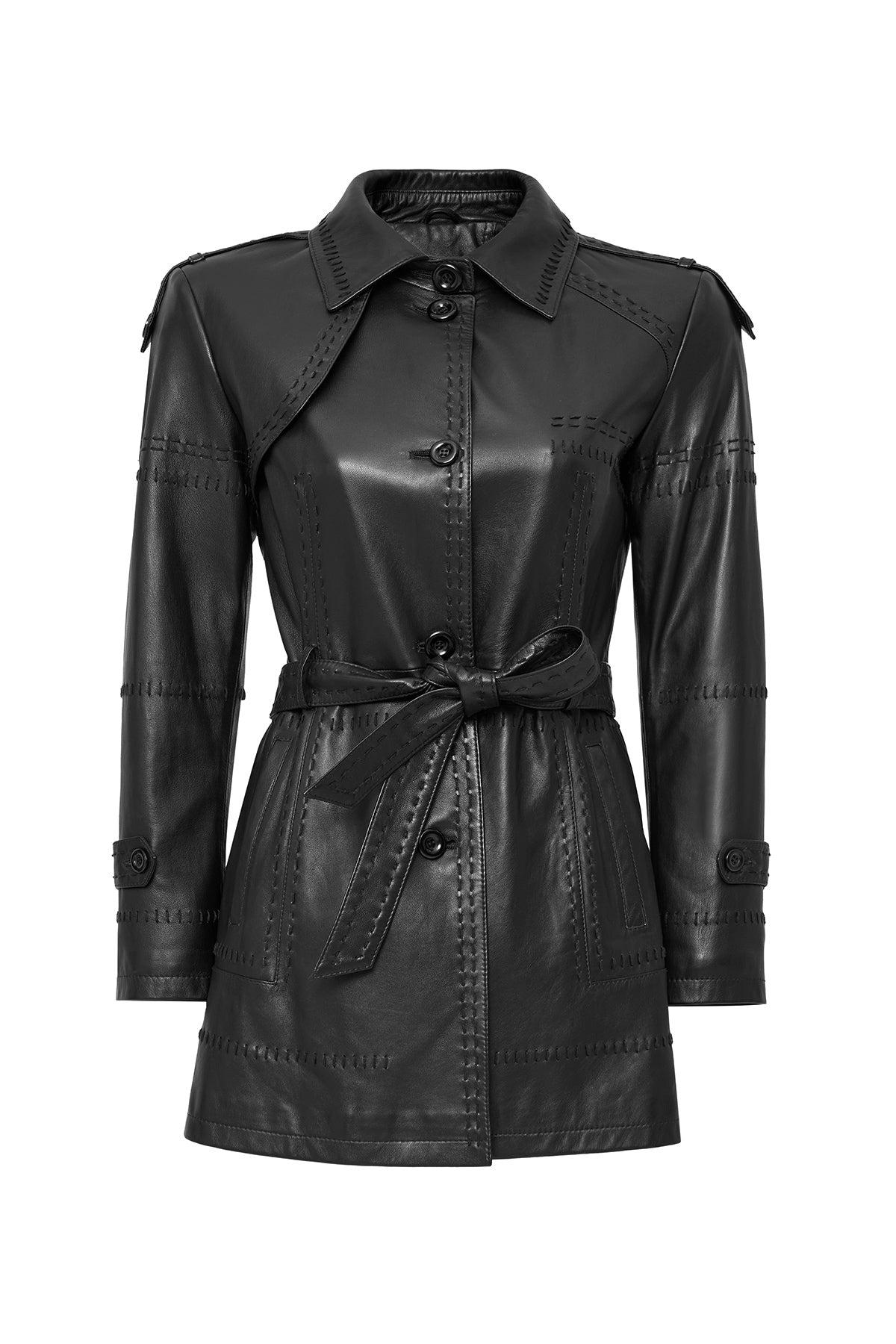 Annamaria Women's Black Belt Detailed Regular Leather Trench Coat 24WGD5246U4 | Derimod