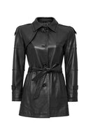 Annamaria Women's Black Belt Detailed Regular Leather Trench Coat | Derimod