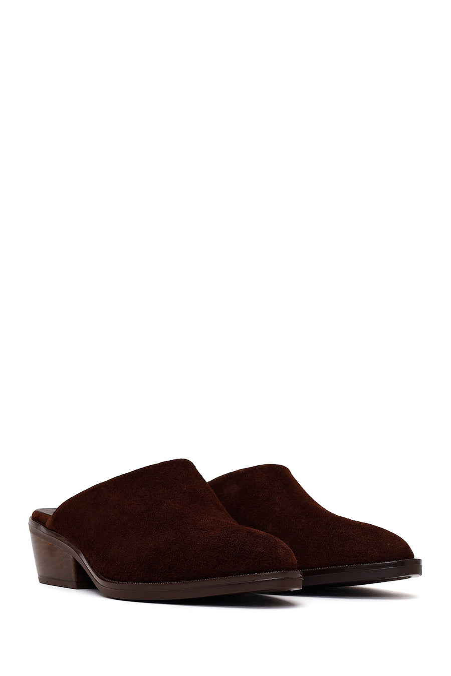 Woman Brown Mule Backless Chunky Heeled Suede Slipper