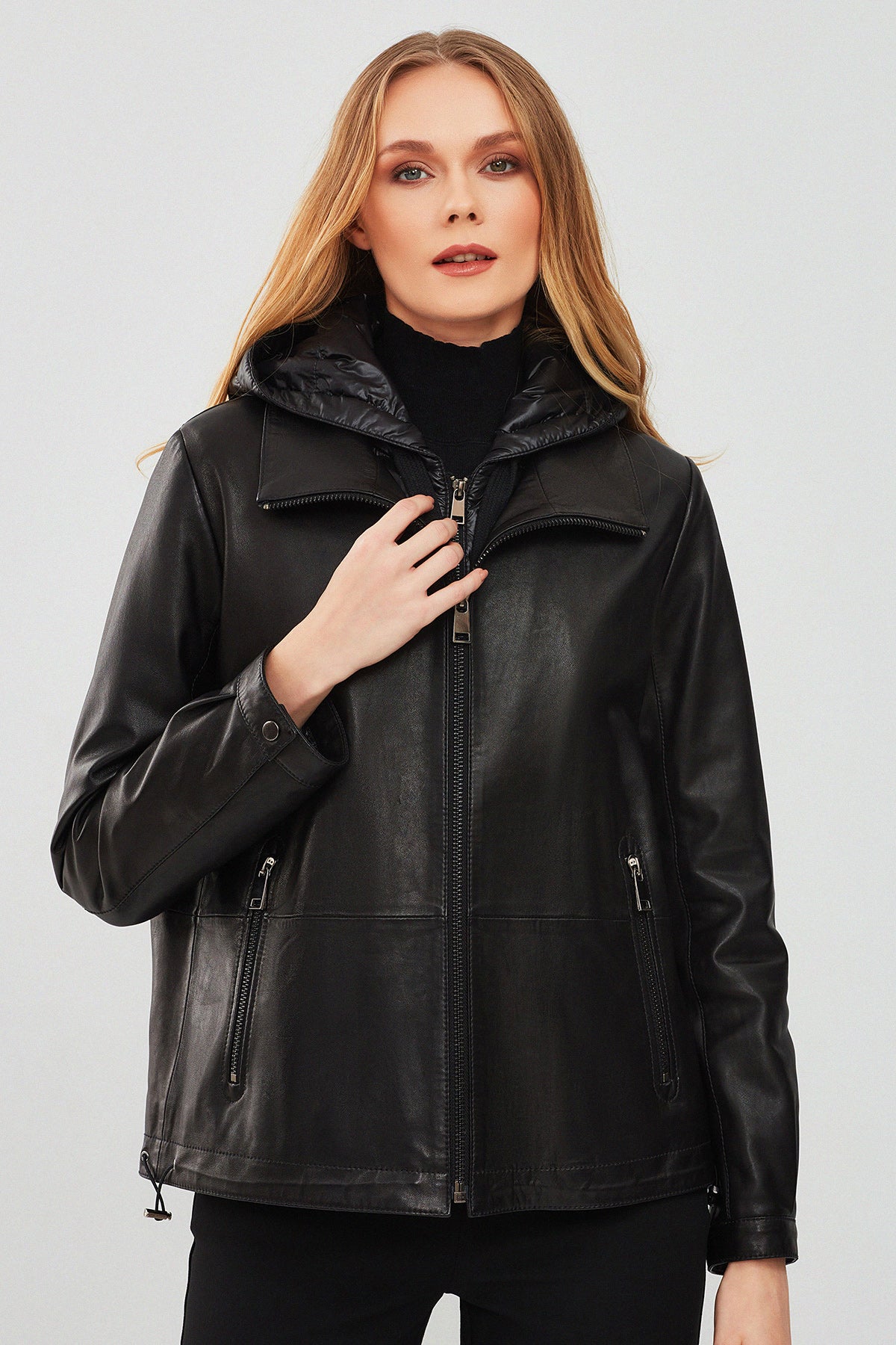 Tyler Women's Black Oversize Double Collar Hooded Leather Coat 23WGD5145EV | Derimod