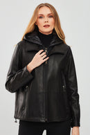 Tyler Women's Black Oversize Double Collar Hooded Leather Coat | Derimod