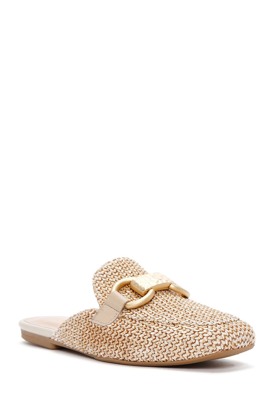 Women's Beige Buckle Detailed Straw Leather Slippers