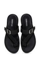 Women's Black Leather Flip-Flop Comfort Slippers | Derimod