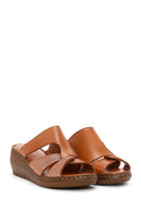 Women's Tan Leather Wedge Heel Comfort Slippers | Derimod