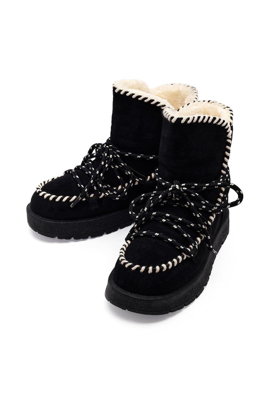 Woman Black Lace-Up Thick-Sole Suede Teddy Boots