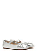 Women's Silver Metallic Leather Ballerinas | Derimod