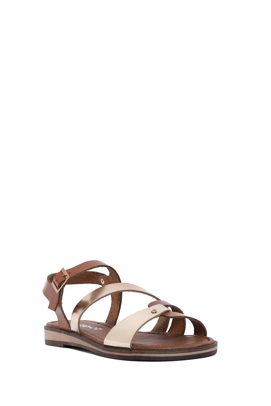 Kadın Altın Tokalı Metalik Deri Bodrum Sandaleti