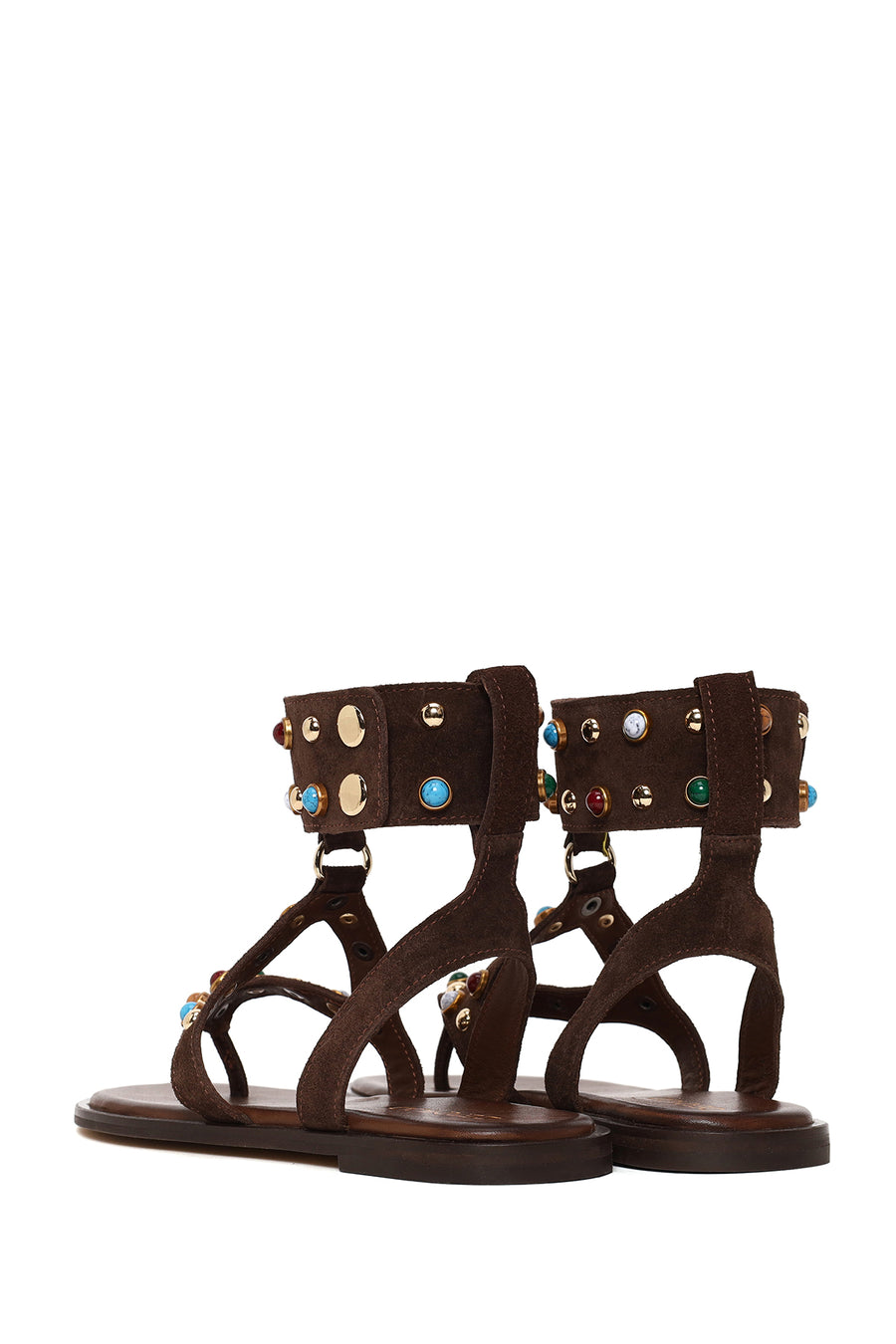 Woman Brown Embellished Toe-Post Suede Leather Sandals