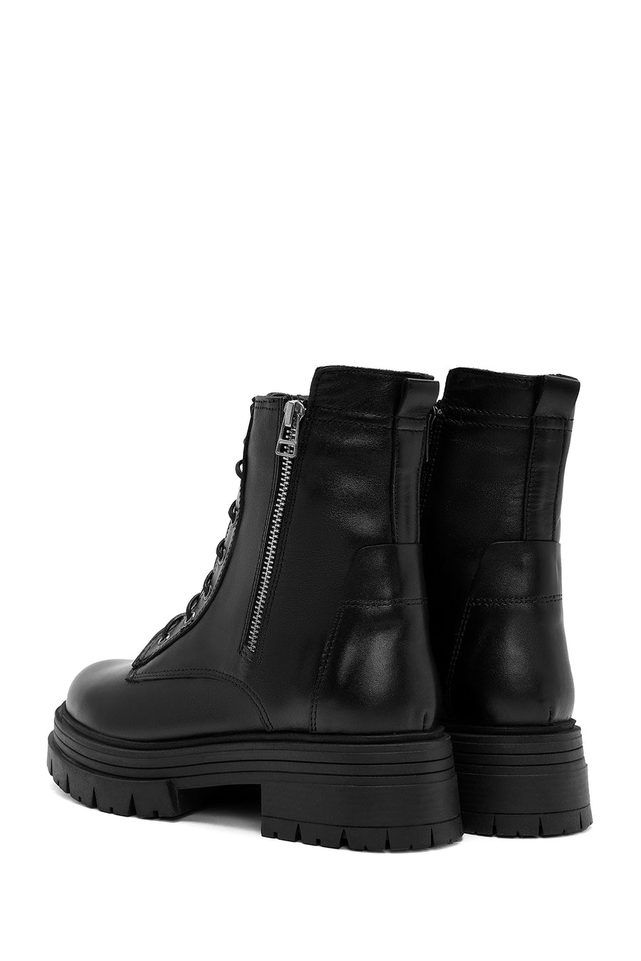 Women's Black Double Zipper Lace-Up Leather Combat Boots