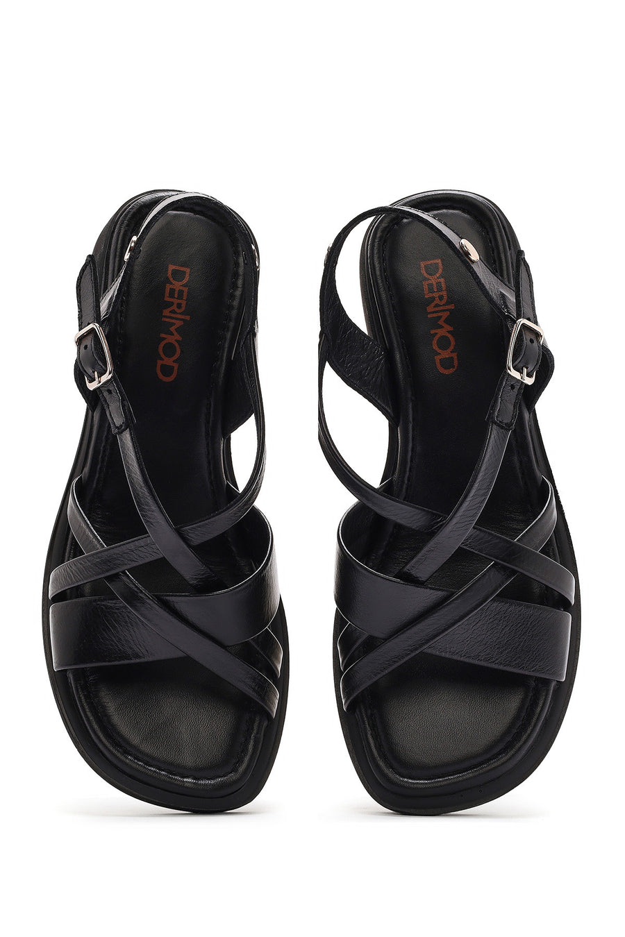 Women's Black Ankle Buckle Low Heeled Leather Sandals