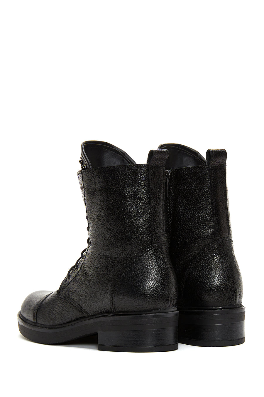 Women's Black Leather Zippered Stone Flat Boots