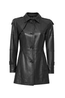 Annamaria Women's Black Belt Detailed Regular Leather Trench Coat | Derimod