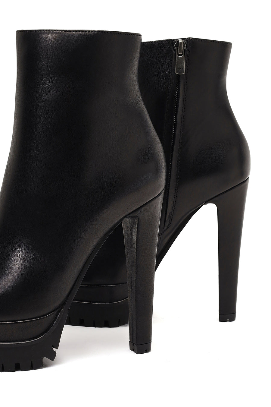 Woman Black Zip Closure Platform High Thick-Heeled Leather Boots