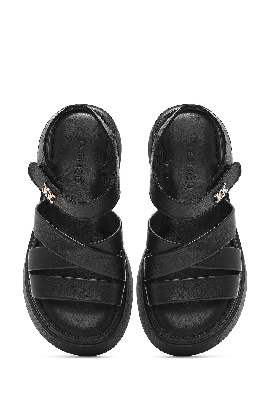 Women's Black Ankle Strap Thick Soled Leather Comfort Sandals